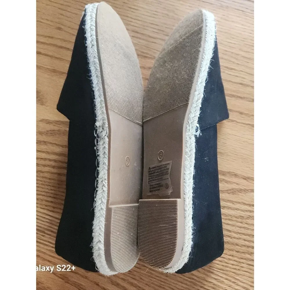 Weeboo Black Canvas Espadrille Flats with Natural Woven Toe Cap & Stitching